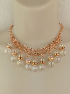 Rose Gold Aura Clear Glass DBL Drop Bead Fringe Choker Necklace & Earrings